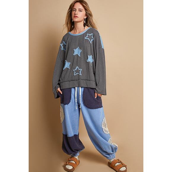 POL Exposed Seam Star Denim Patch Round Neckline Relaxed Fit Sweater | Charcoal - Picture 6 of 6